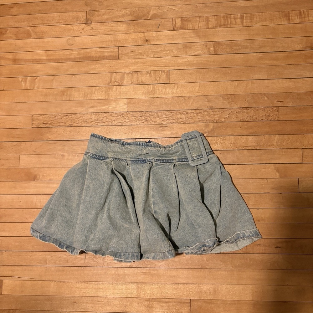Belt Buckle Skirt Womens Light Blue Denim Pleated Skater Mini Y2K Punk Emo